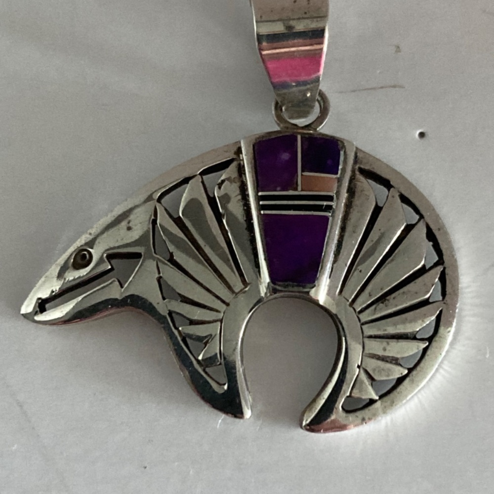 Navajo Sterling Silver Bear Pendant Charm Native American Inlay 1.5" Purple